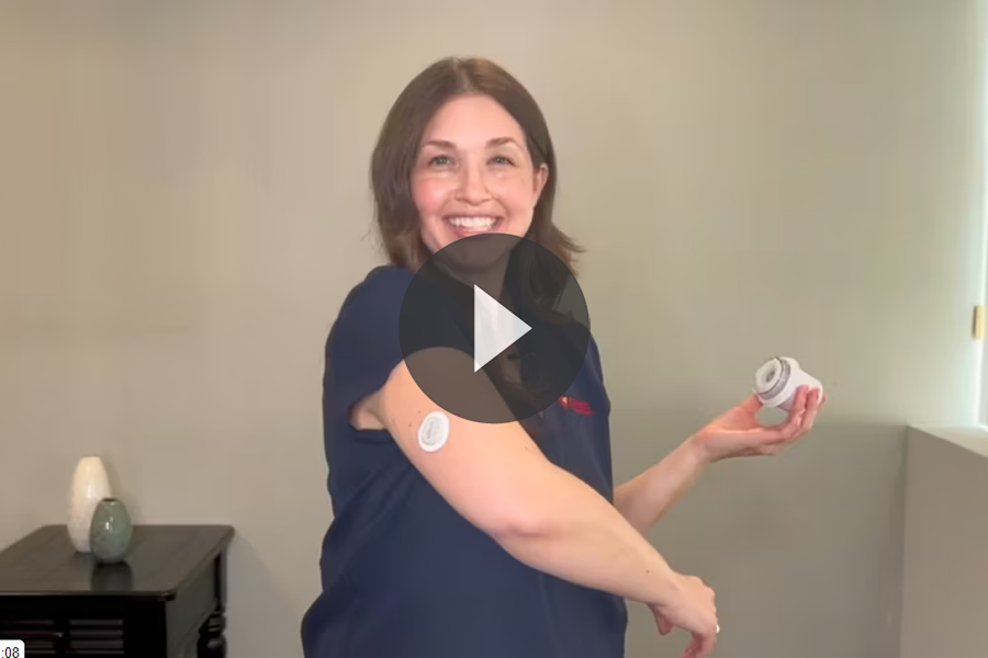video snapshot of woman applying a CGM sensor to her arm. learn more about the four key benefits of CGM for Medicare patients with diabetes