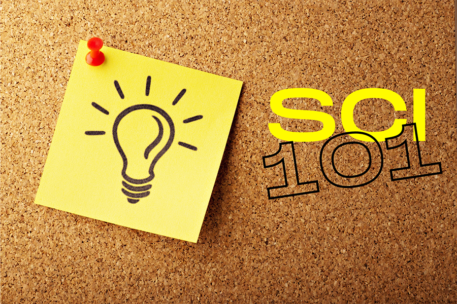 SCI 101: the basics of SCI. cork board with a sticky note pinned and a hand-drawn lightbulb, with text saying "SCI 101"